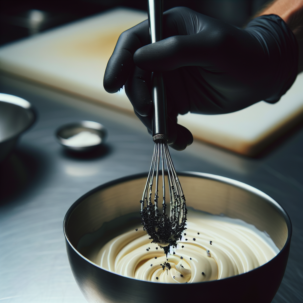 Photographie professionnelle illustrant : Gros plan en action dans une cuisine professionnelle. La main d'un chef