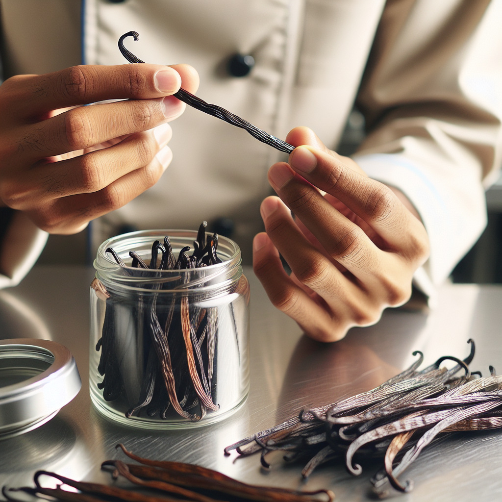 Photographie professionnelle illustrant : Gros plan sur les mains d'un chef pâtissier en train de sélectionner une gousse de vanille. Une main tient une gousse Grade A souple et parfaite