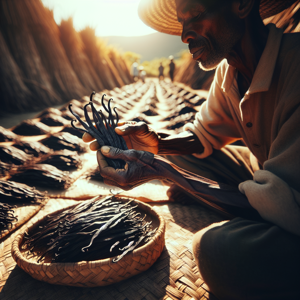 Photographie professionnelle illustrant : Reportage photo d'un maître préparateur de vanille à Madagascar inspectant des gousses en train de sécher au soleil sur des nattes en raphia. Gros plan sur ses mains expertes et burinées tenant délicatement une poignée de gousses noires et luisantes. La lumière est chaude et dorée