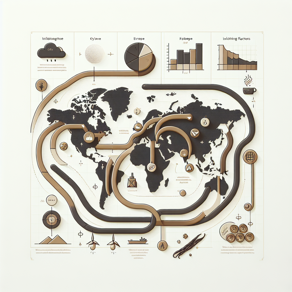 Photographie professionnelle illustrant : Infographie élégante et épurée au milieu de l'article : une carte du monde stylisée montrant les flux d'exportation de la vanille depuis Madagascar vers l'Europe et l'Amérique. Des icônes discrètes (cyclone