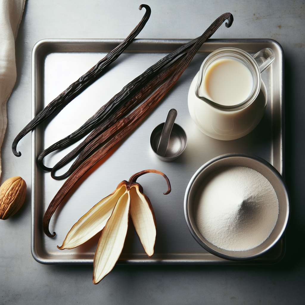 Photographie professionnelle illustrant : Prompt 2: Vue de dessus (flat lay) d'ingrédients de haute qualité sur un plan de travail en inox brossé : une gousse de vanille de Madagascar fendue en deux