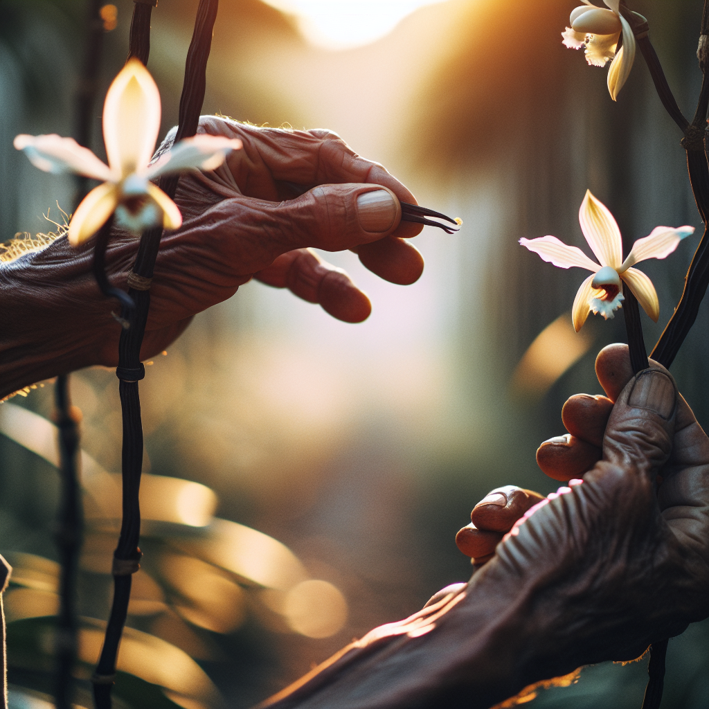 Photographie professionnelle illustrant : Photographie documentaire authentique d'une main experte pollinisant délicatement une fleur d'orchidée de vanille dans une plantation à Madagascar. La lumière du matin filtre à travers le feuillage