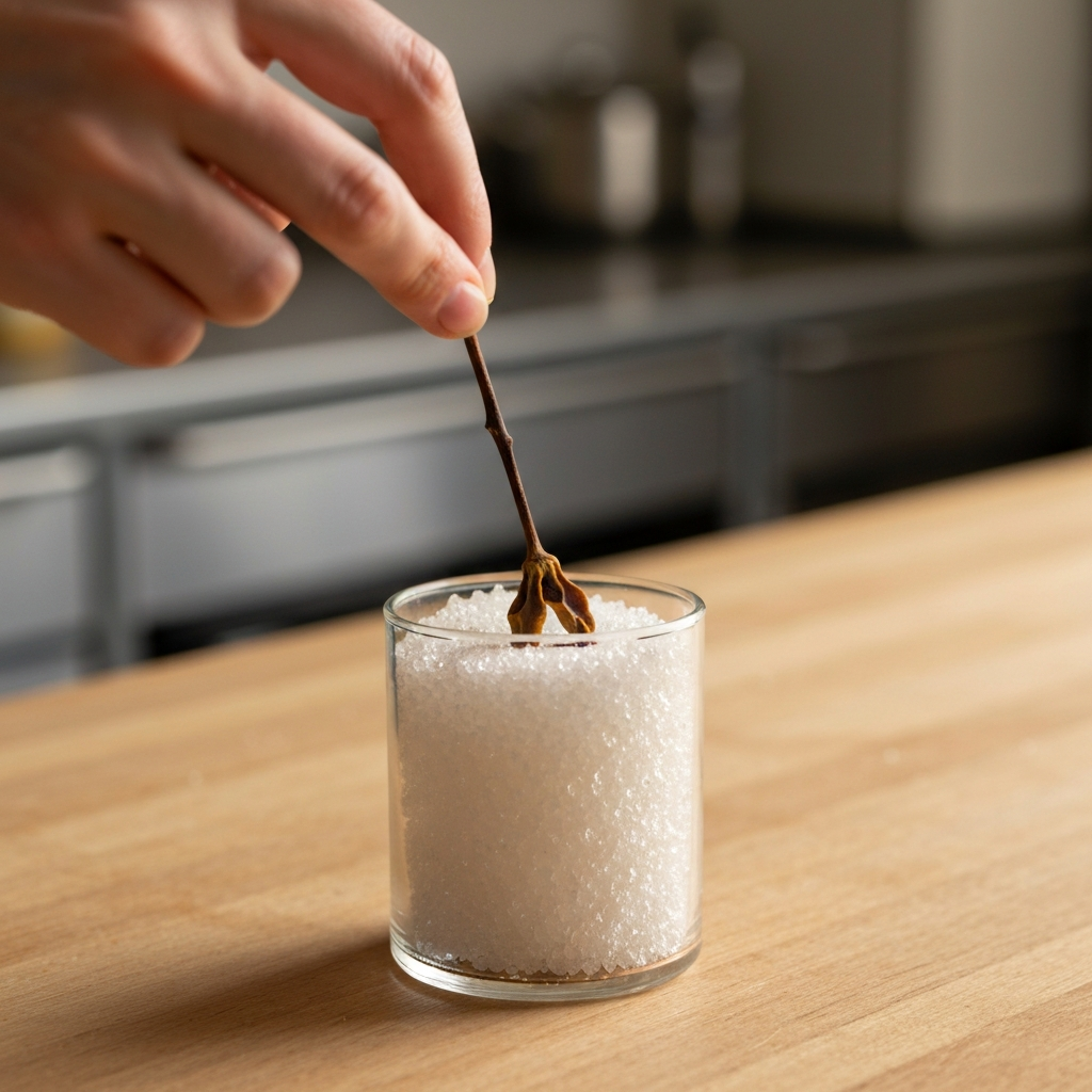Photographie professionnelle illustrant : Gros plan (macro) photoréaliste d'une main déposant délicatement une gousse de vanille séchée dans un bocal en verre transparent rempli de sucre cristallisé. La lumière matinale vient de côté