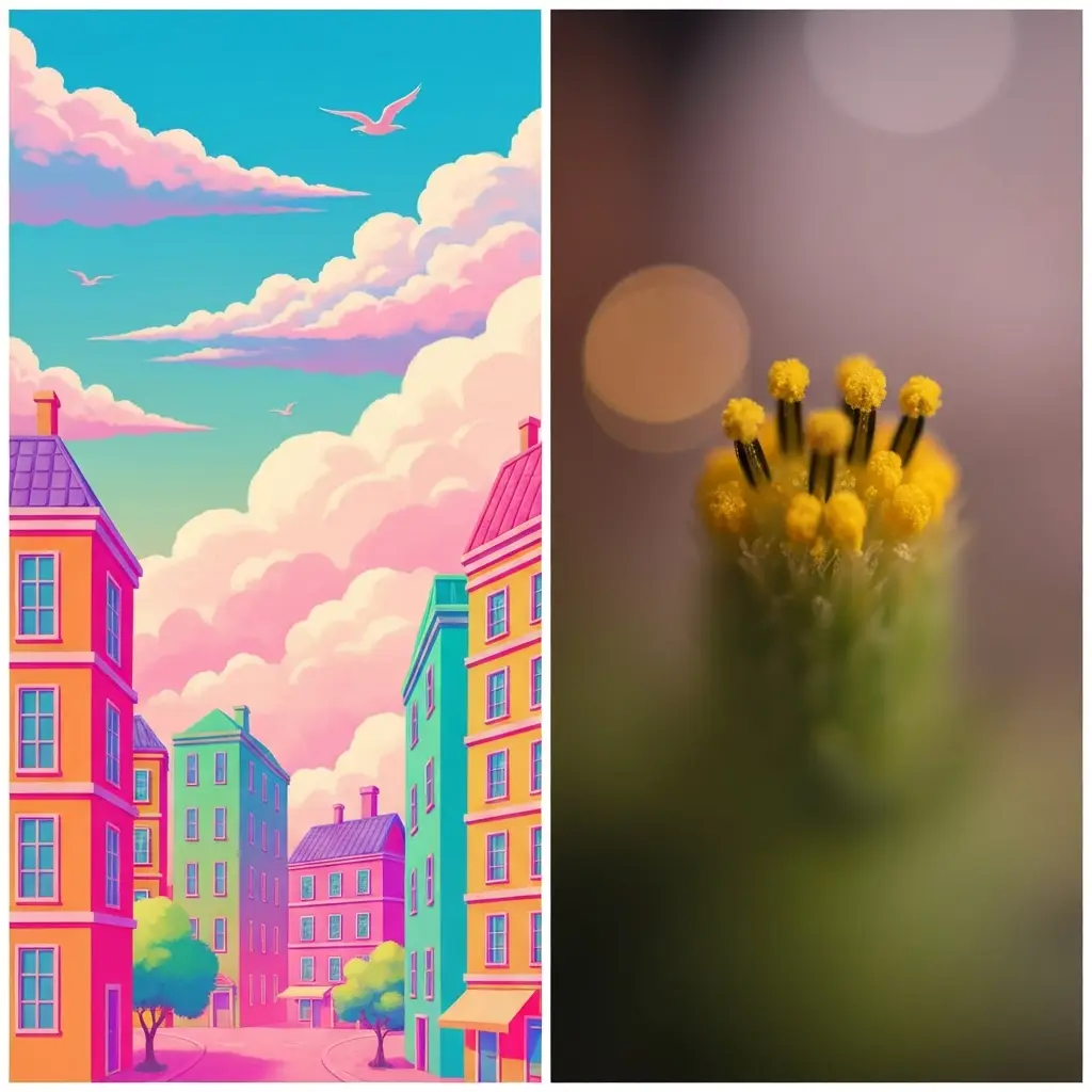 Photographie professionnelle illustrant : A visually striking split-screen image. Left side: a professional close-up on the perfectly torched