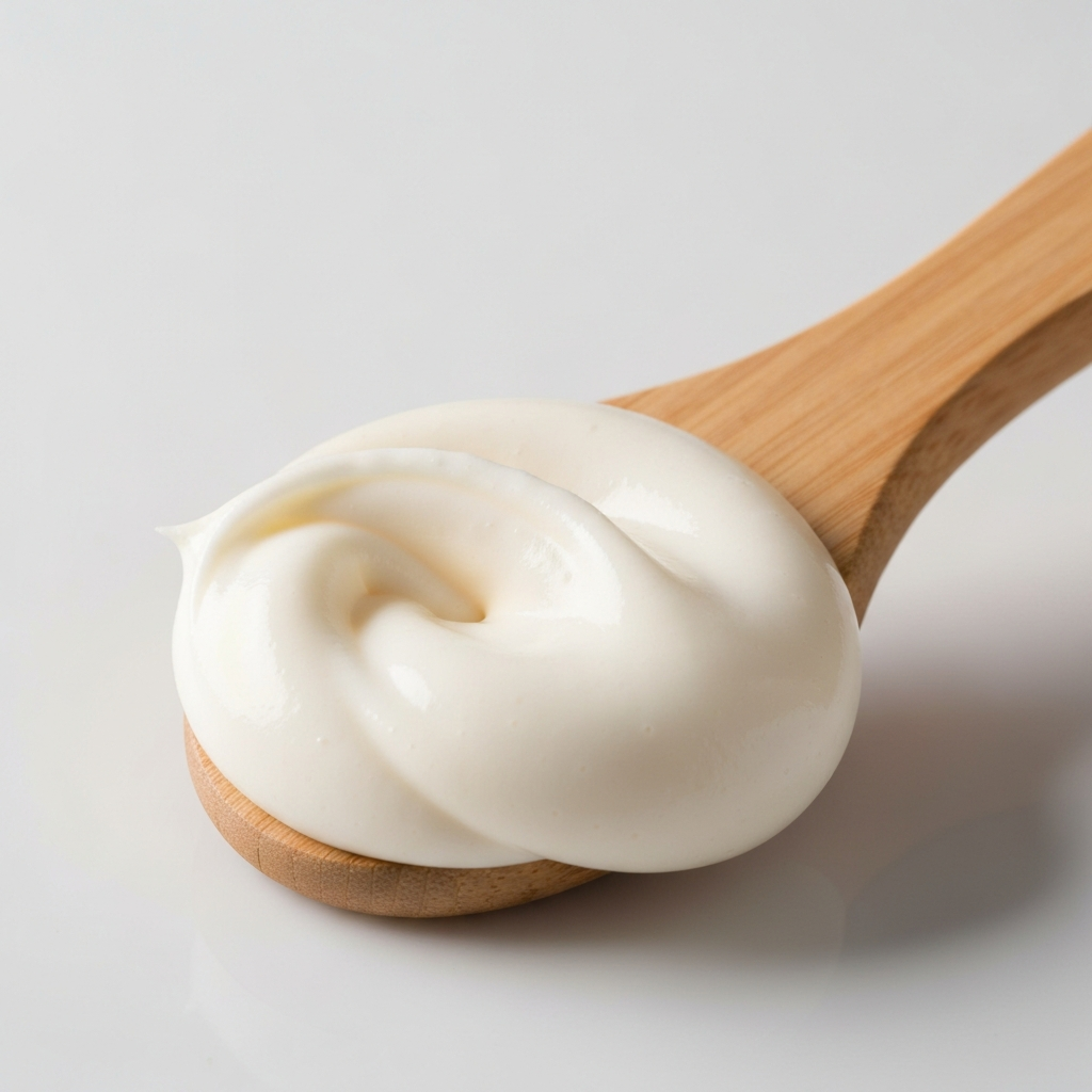 Photographie professionnelle illustrant : Prise de vue en contre-plongée d'une cuillère en bois plongeant dans une crème pâtissière parfaitement lisse