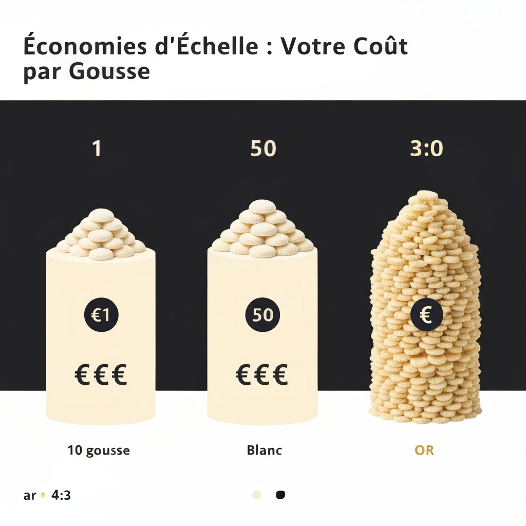 Photographie professionnelle illustrant : Infographie sobre et élégante pour professionnels. Trois colonnes comparatives. Colonne 1 : une petite pile de 10 gousses de vanille avec un icône
