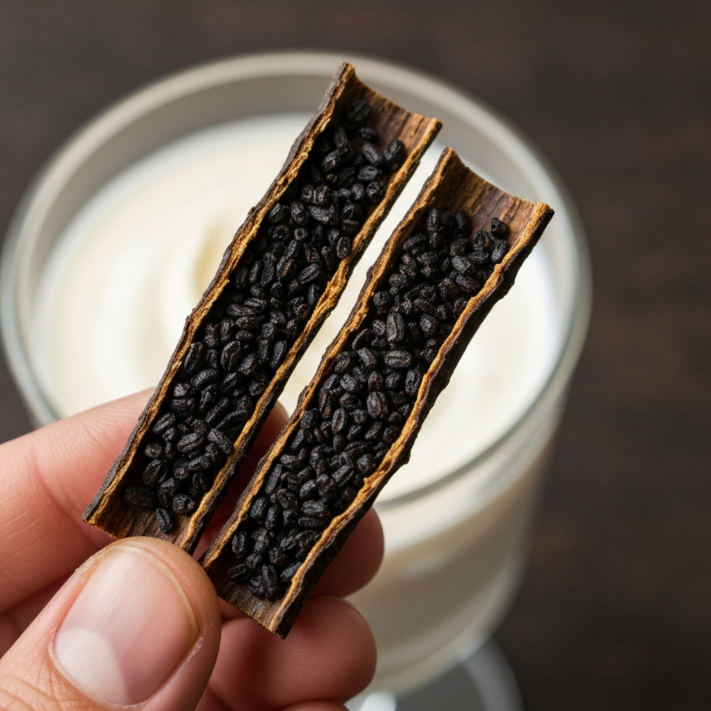 Photographie professionnelle illustrant : Photo macro en gros plan d'une magnifique gousse de vanille Bourbon de Madagascar