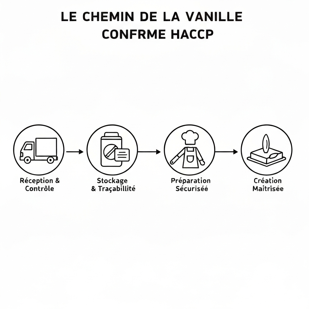 Photographie professionnelle illustrant : Infographie design et épurée. Titre : 'Le Chemin de la Vanille Conforme HACCP'. Quatre icônes alignées horizontalement : 1. Un camion de livraison ('Réception & Contrôle')
