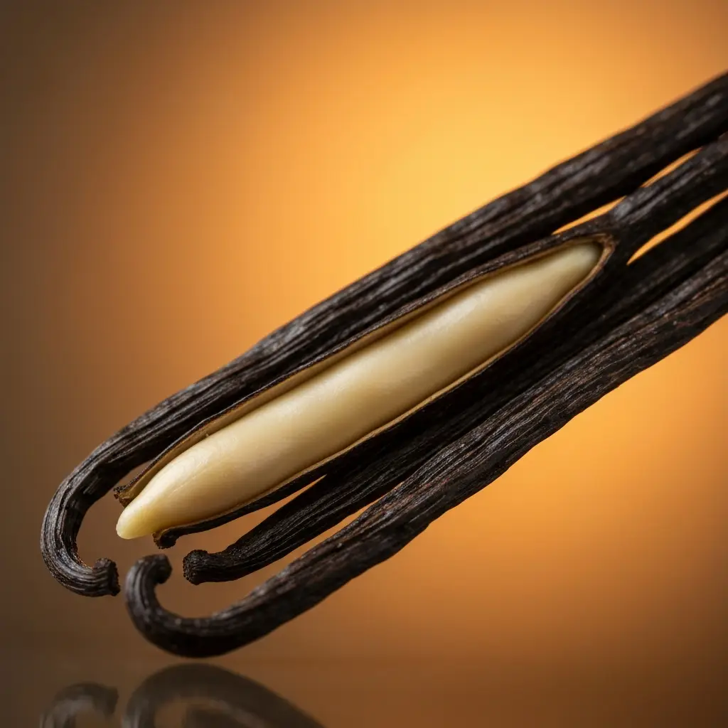 Photographie professionnelle illustrant : Extreme close-up macro shot of a split vanilla bean inside a whipping siphon. The texture of the bean and the thousands of tiny seeds are visible
