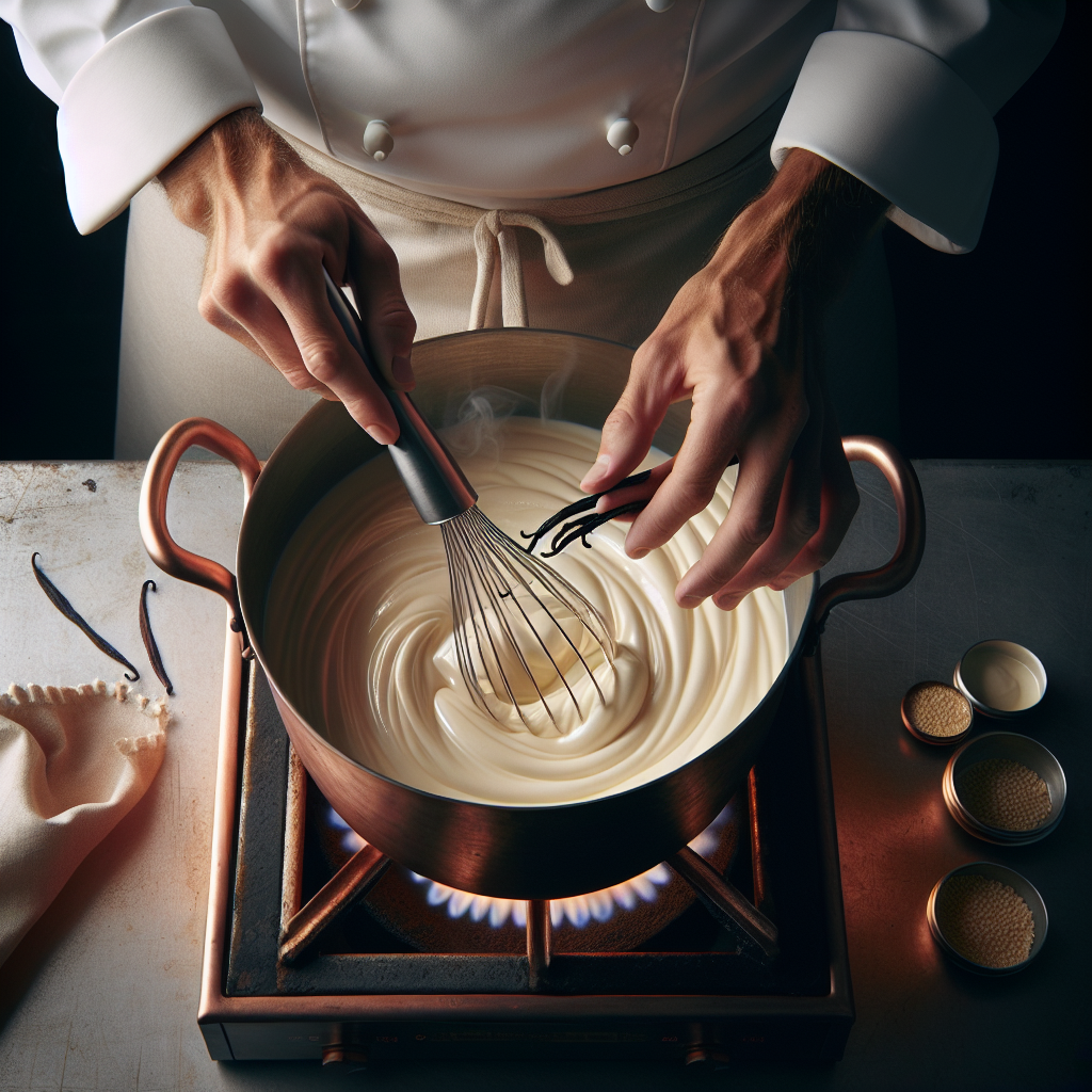 Photographie professionnelle illustrant : Vue en plongée d'une grande casserole en cuivre sur un feu doux