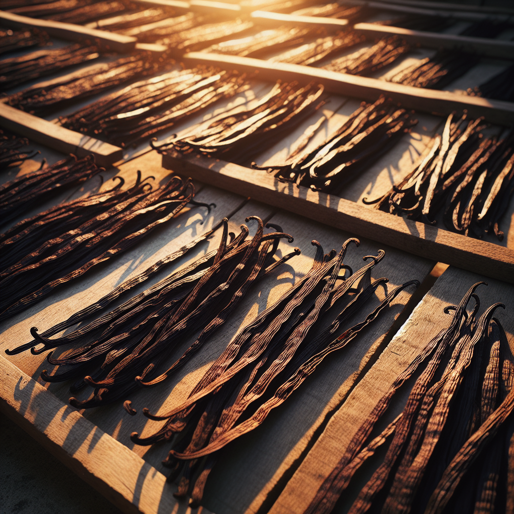 Photographie professionnelle illustrant : Vue de dessus d'un alignement de gousses de vanille en cours de séchage sur une claie en bois rustique. Les gousses sont d'un brun chocolat profond
