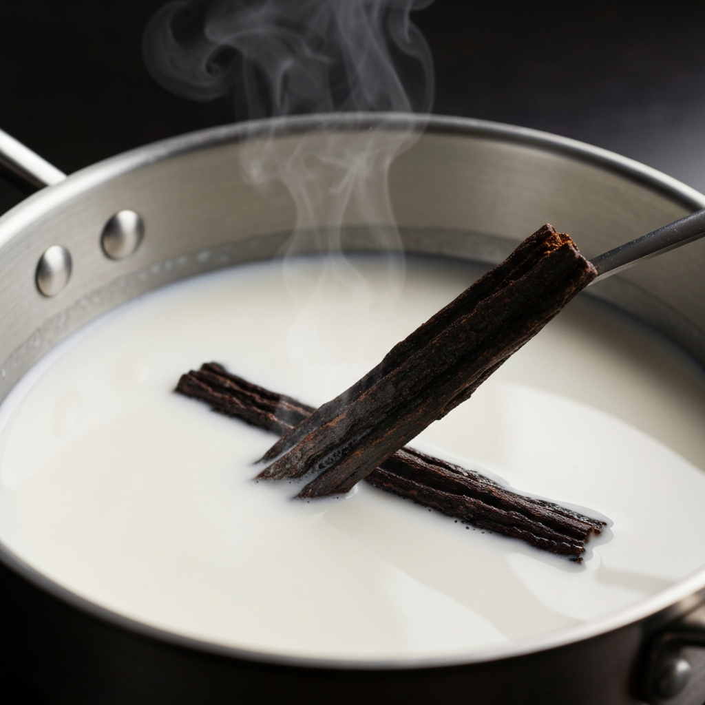 Photographie professionnelle illustrant : Gros plan macro photoréaliste d'une casserole en inox contenant du lait blanc. Une gousse de vanille Bourbon