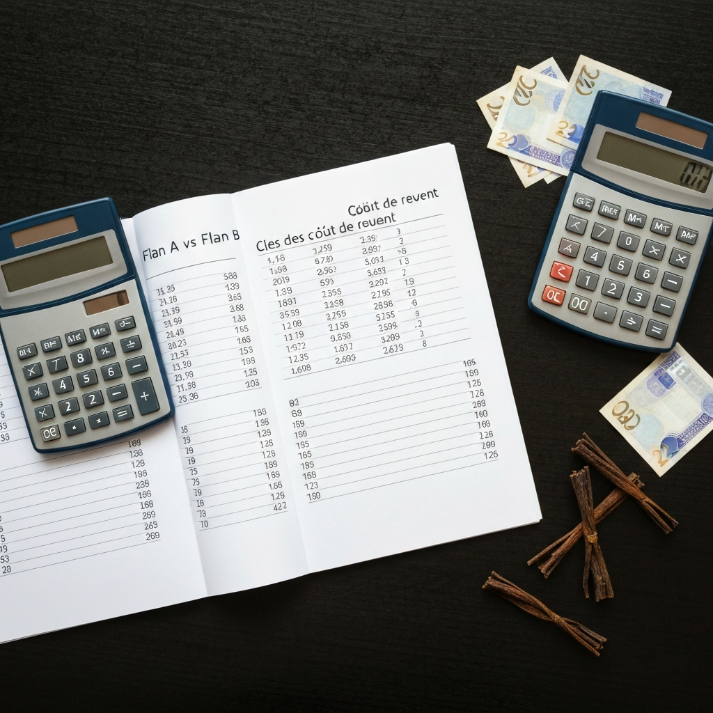 Photographie professionnelle illustrant : Flat lay sur une table en marbre sombre : un carnet ouvert avec des calculs de coût de revient 'Flan A vs Flan B'