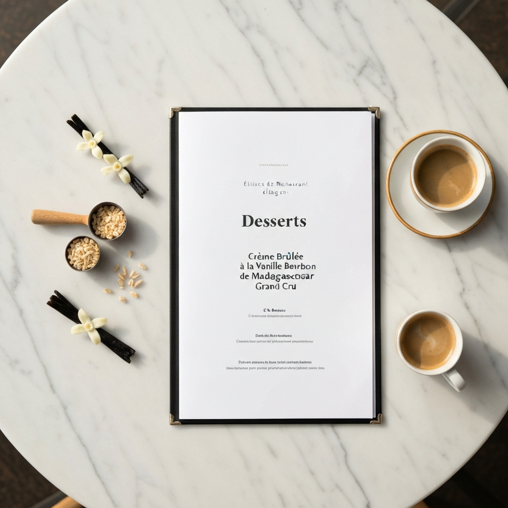 Photographie professionnelle illustrant : Flat lay éditorial sur une table en marbre clair. Un menu de restaurant élégant est ouvert sur la section des desserts