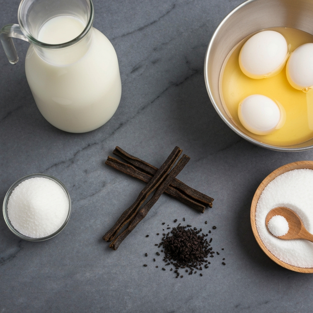 Photographie professionnelle illustrant : Vue de dessus (flat lay) photoréaliste des ingrédients pour la recette du flan sur un plan de travail en marbre sombre. On y voit un litre de lait dans une carafe en verre