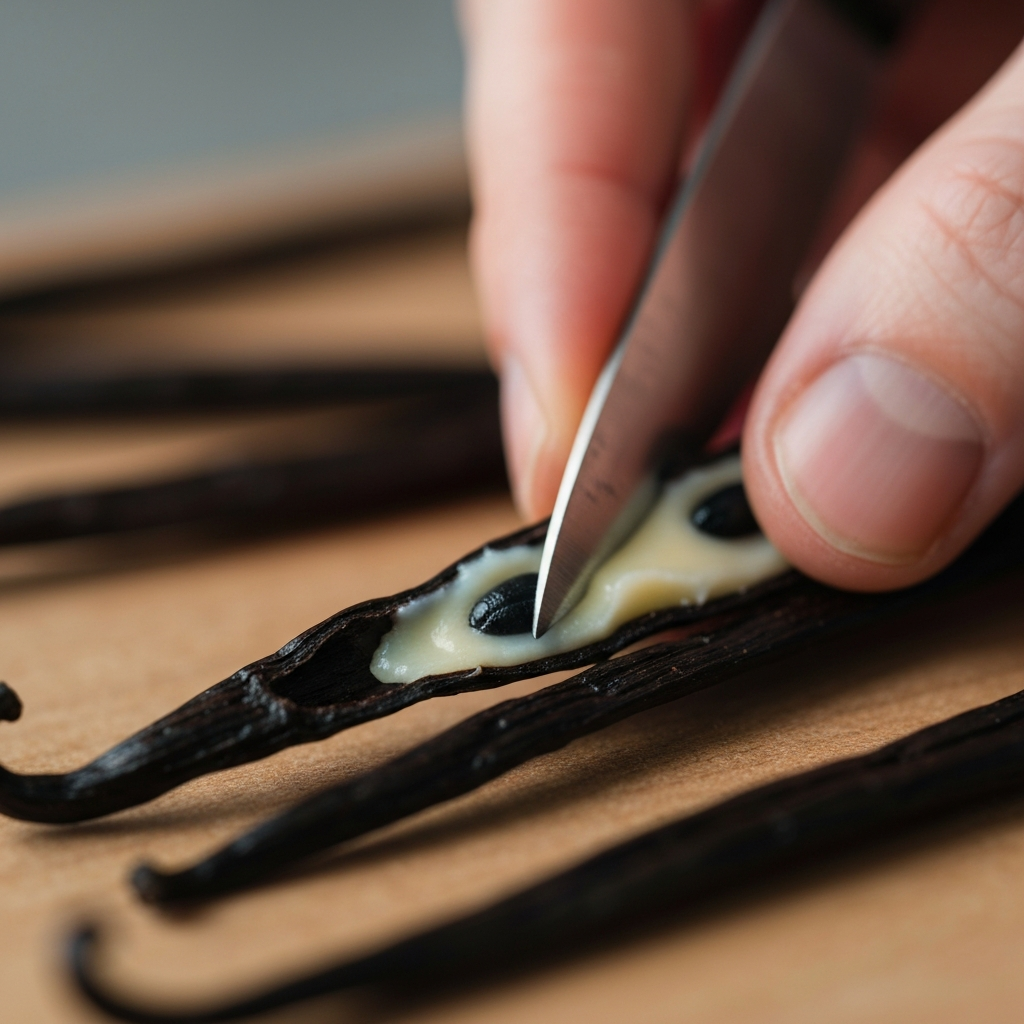 Photographie professionnelle ultra realiste illustrant : Vue macro d'une main fendant une gousse de vanille avec la pointe d'un couteau