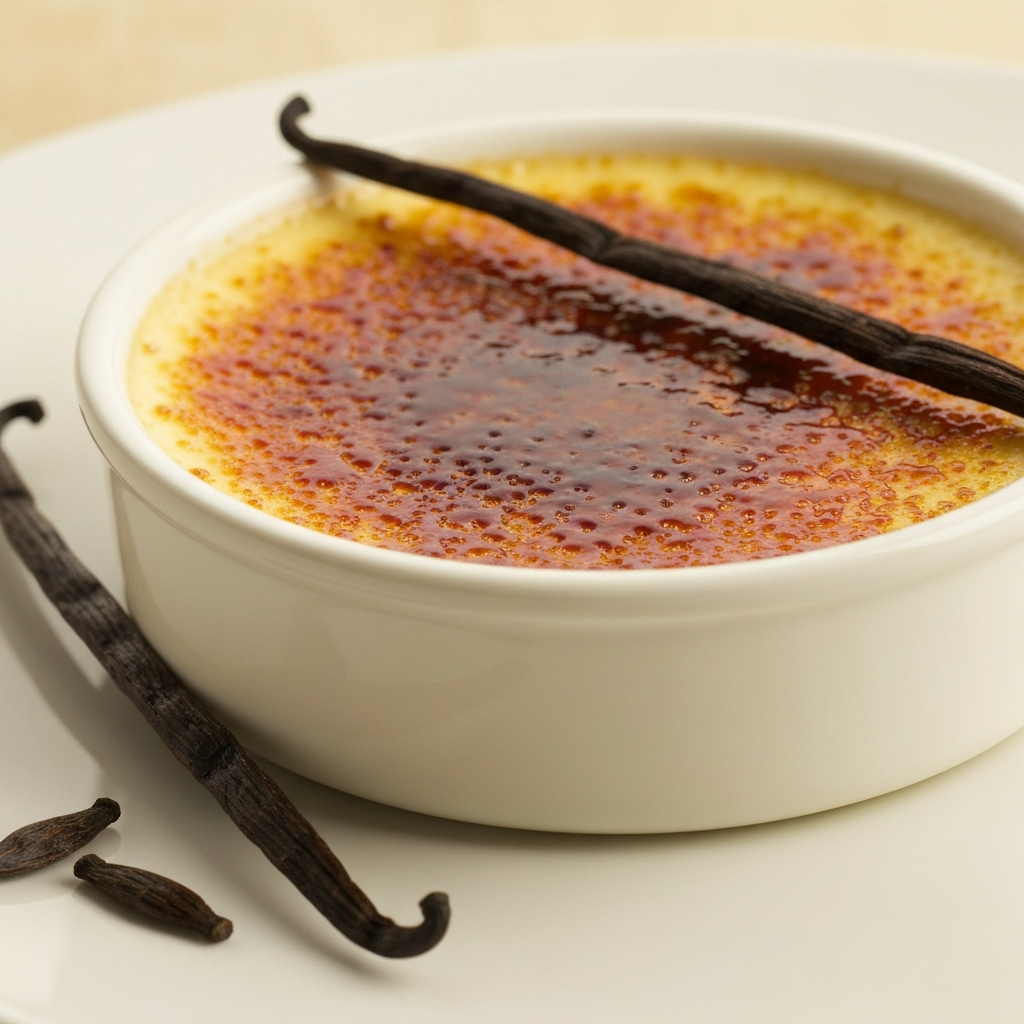 Photographie professionnelle ultra realiste illustrant : Une crème brûlée parfaitement caramélisée avec une gousse de vanille et quelques graines posées à côté