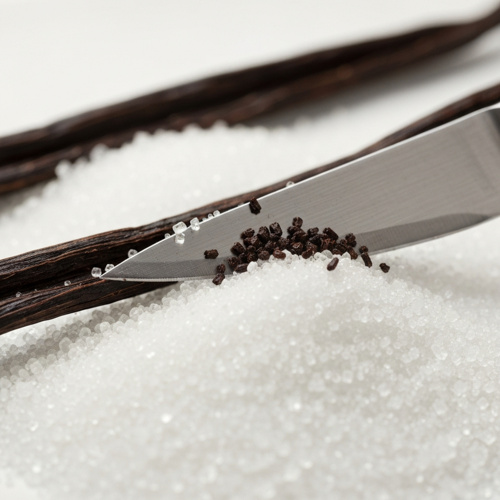 Photographie professionnelle ultra realiste illustrant : Gros plan sur une gousse de vanille fendue