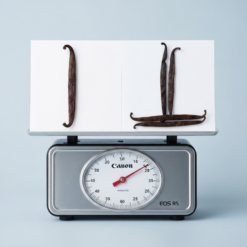 Photographie professionnelle ultra realiste illustrant : Une balance de cuisine simple avec d'un côté une seule gousse de vanille charnue et de l'autre trois petites gousses sèches