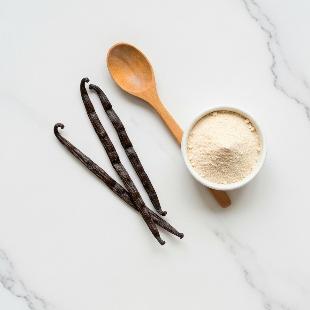 Photographie professionnelle ultra realiste illustrant : Composition à plat (flat lay) sur fond marbre blanc : gousses de vanille de Madagascar