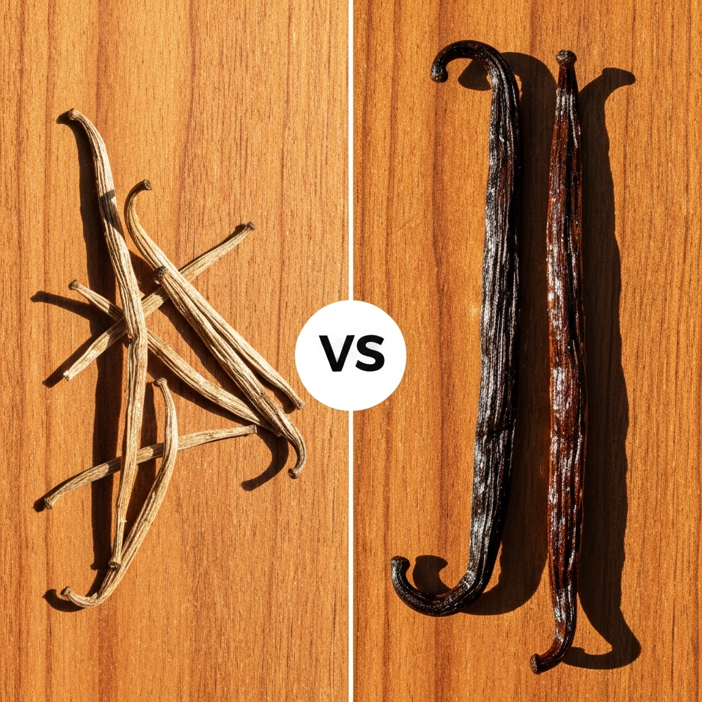 Photographie professionnelle ultra realiste illustrant : Comparison shot split screen: dry thin vanilla bean on left versus shiny oily thick vanilla bean on right