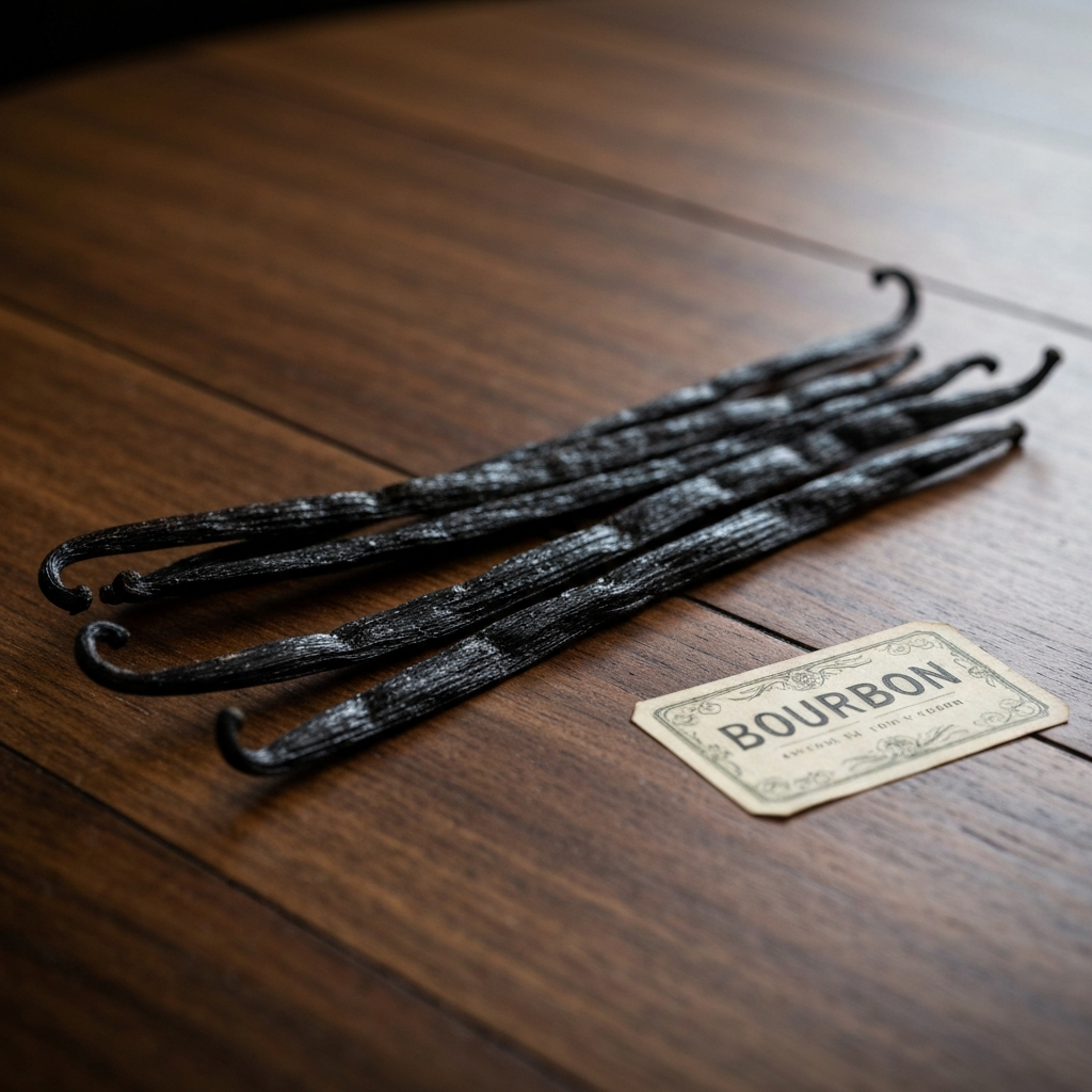 Photographie professionnelle ultra realiste illustrant : Gousses de vanille noires et brillantes posées sur une table en bois exotique avec une étiquette vintage marquée Bourbon