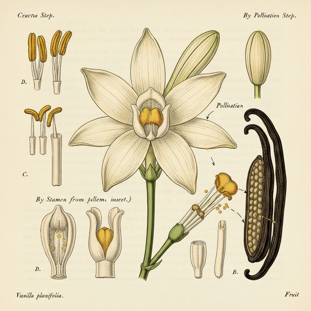 Photographie professionnelle ultra realiste illustrant : Botanical illustration showing the anatomy of a vanilla planifolia flower and the pollination steps.