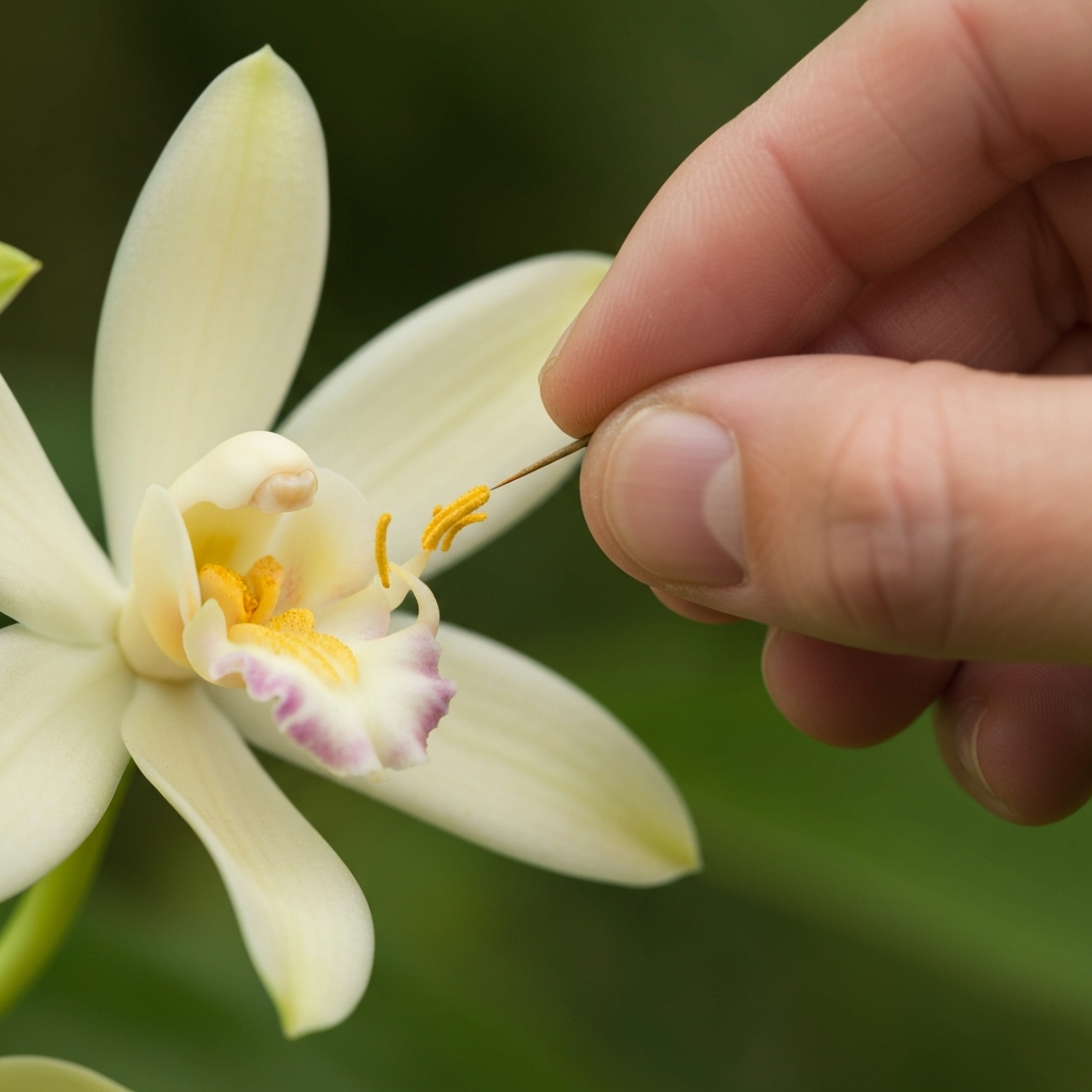 Photographie professionnelle ultra realiste illustrant : Gros plan macro sur une fleur d'orchidée vanille et une main humaine effectuant la pollinisation avec une épine.