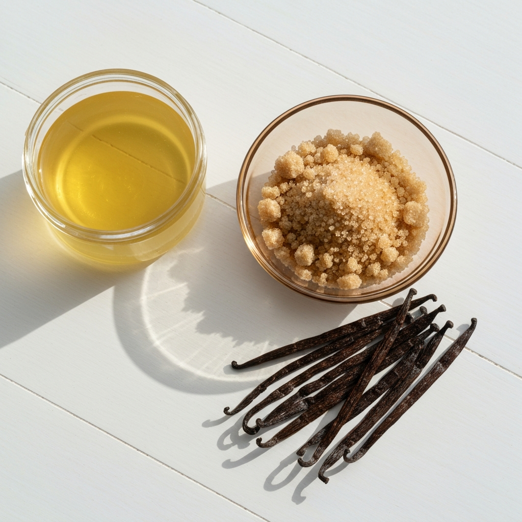 Photographie professionnelle ultra realiste illustrant : Flat lay composition of skincare ingredients: coconut oil