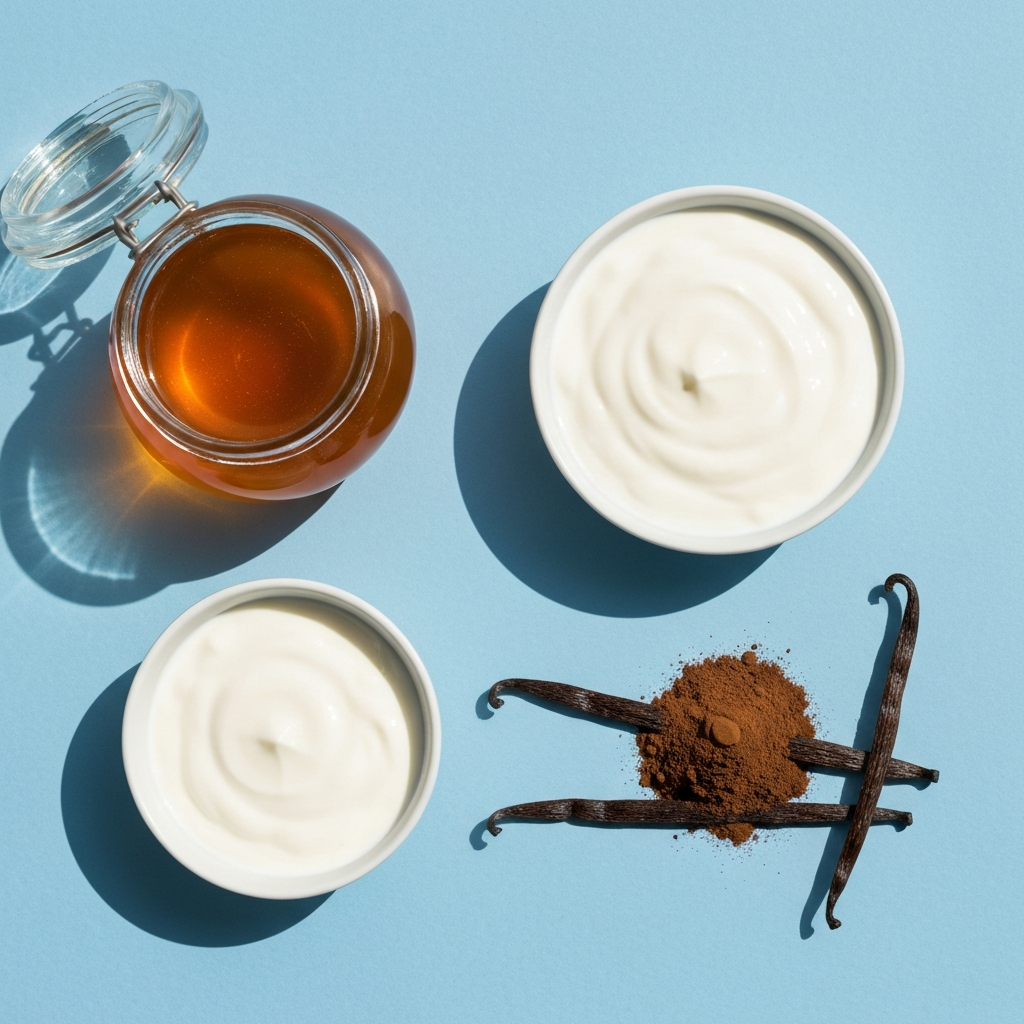 Photographie professionnelle ultra realiste illustrant : Flat lay photography of natural beauty ingredients: a jar of honey