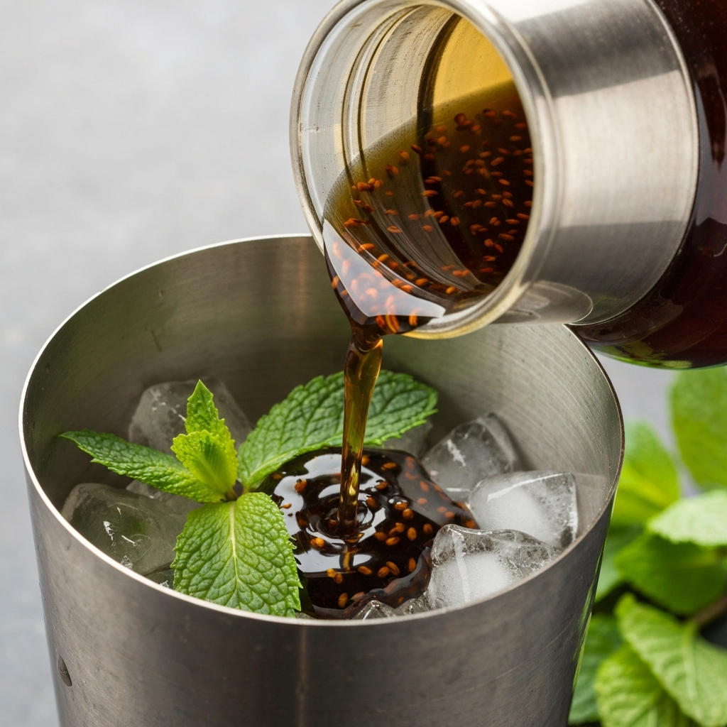 Photographie professionnelle ultra realiste illustrant : Close up of vanilla syrup being poured into a cocktail shaker