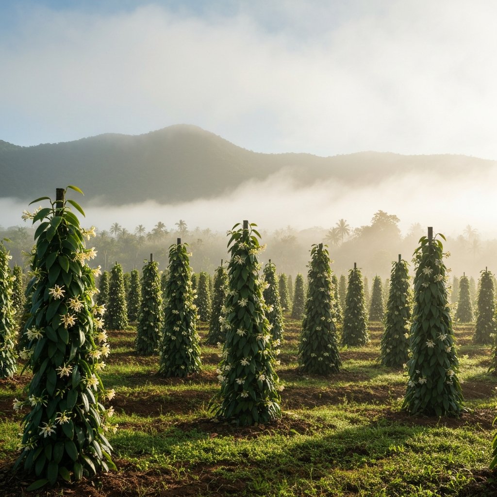 Photographie professionnelle ultra realiste illustrant : Paysage luxuriant plantation de vanille région SAVA Madagascar montagnes brumeuses