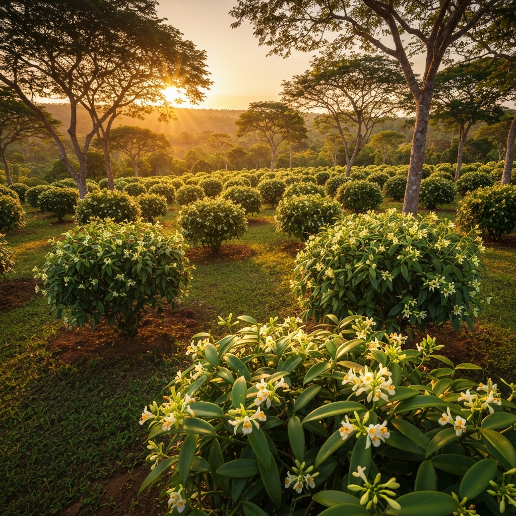 Photographie professionnelle ultra realiste illustrant : Paysage Madagascar plantation vanille