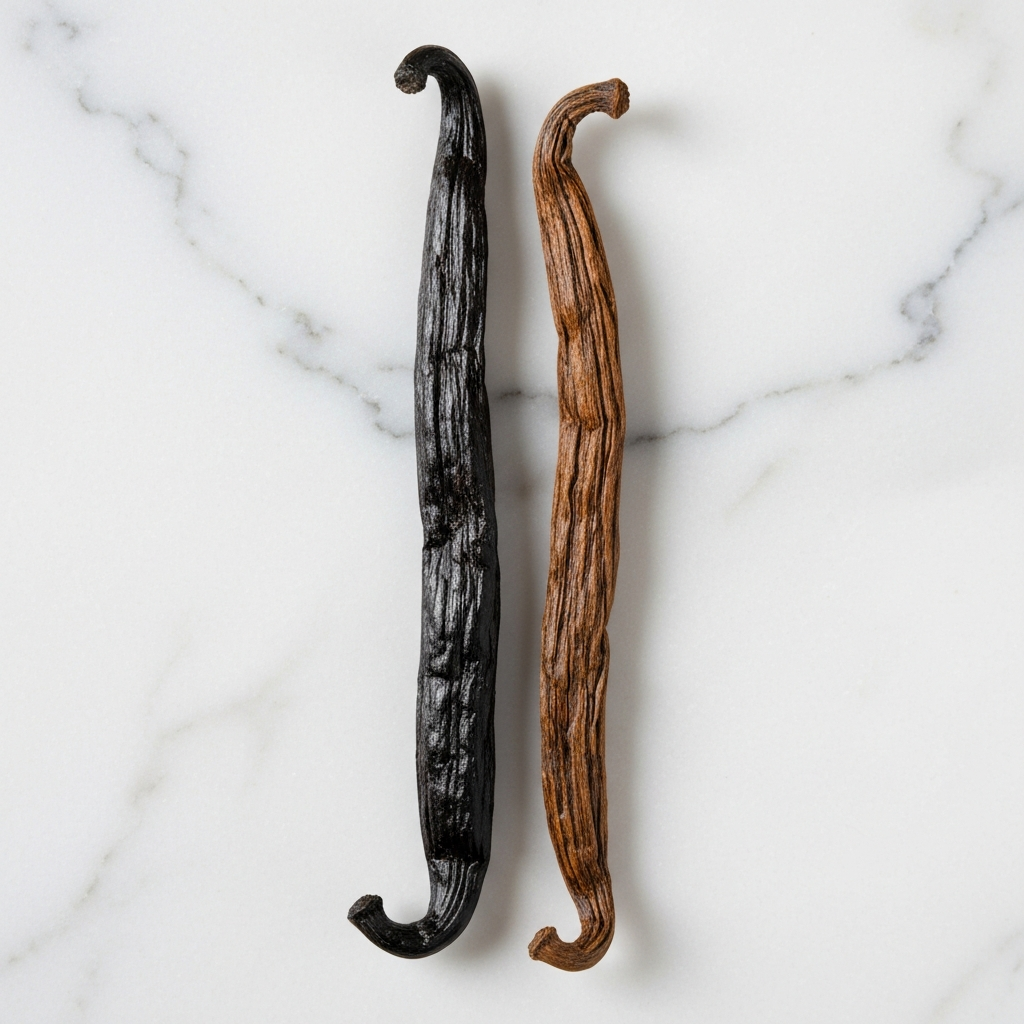 Photographie professionnelle ultra realiste illustrant : Macro photography comparison: one plump shiny oily black vanilla bean lying next to a withered dry light brown vanilla bean on a white marble table
