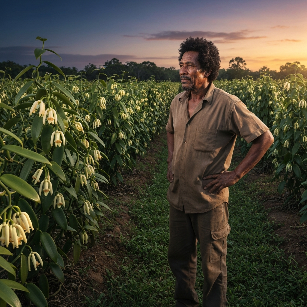 Photographie professionnelle ultra realiste illustrant : Madagascar vanilla farmer guarding a lush vanilla plantation at dusk